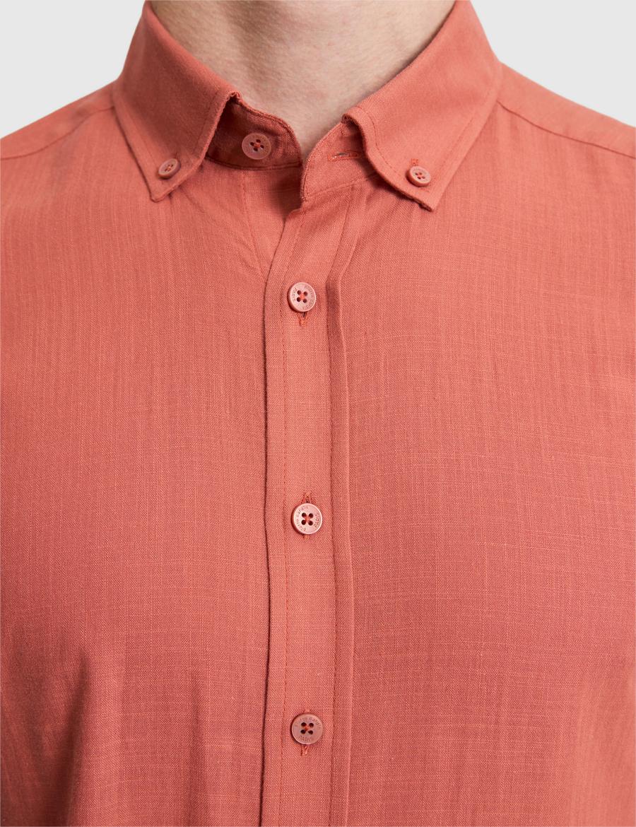 Kiremit %100 Pamuk Keten Görünümlü Slim Fit Uzun Kollu Gömlek