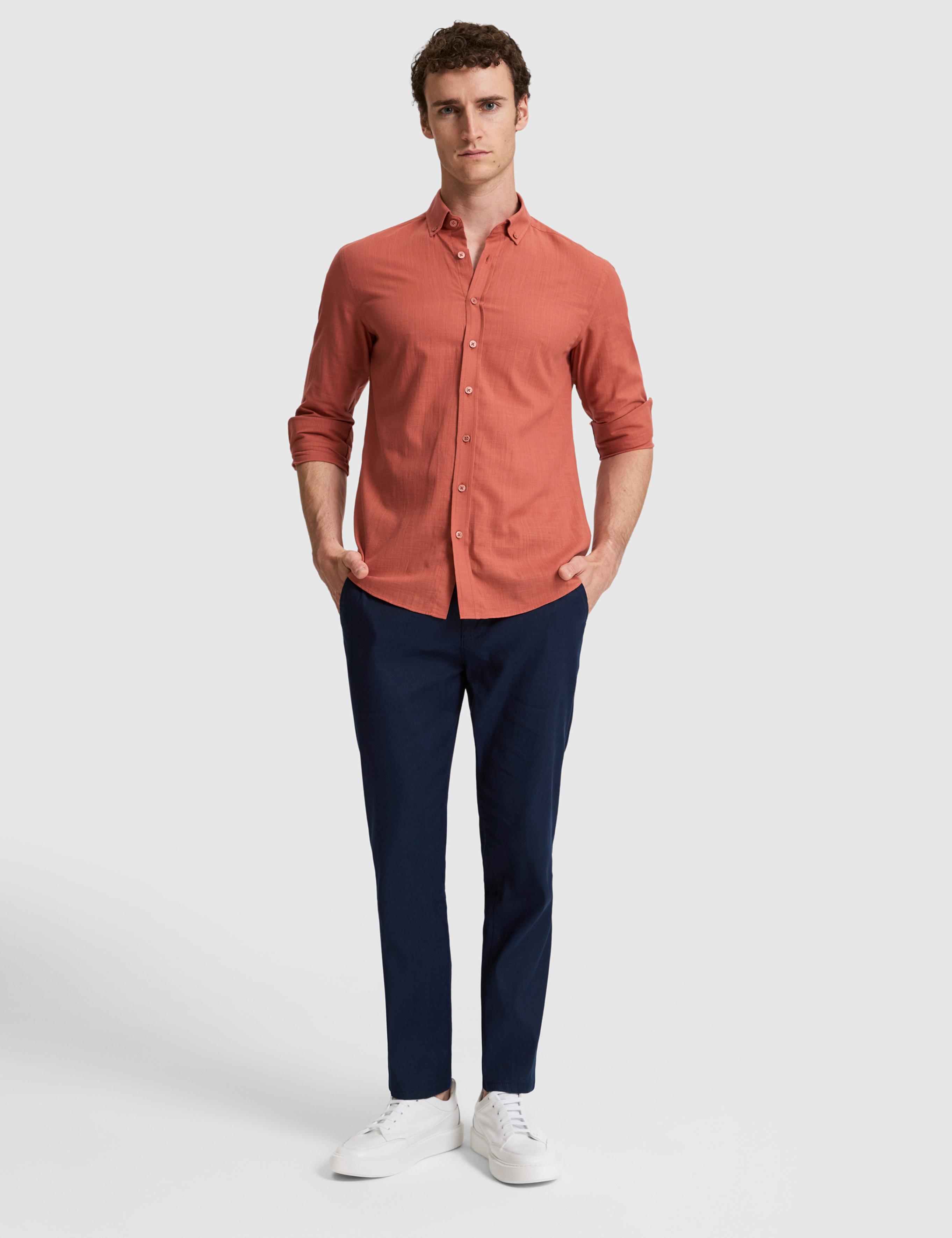 Kiremit %100 Pamuk Keten Görünümlü Slim Fit Uzun Kollu Gömlek