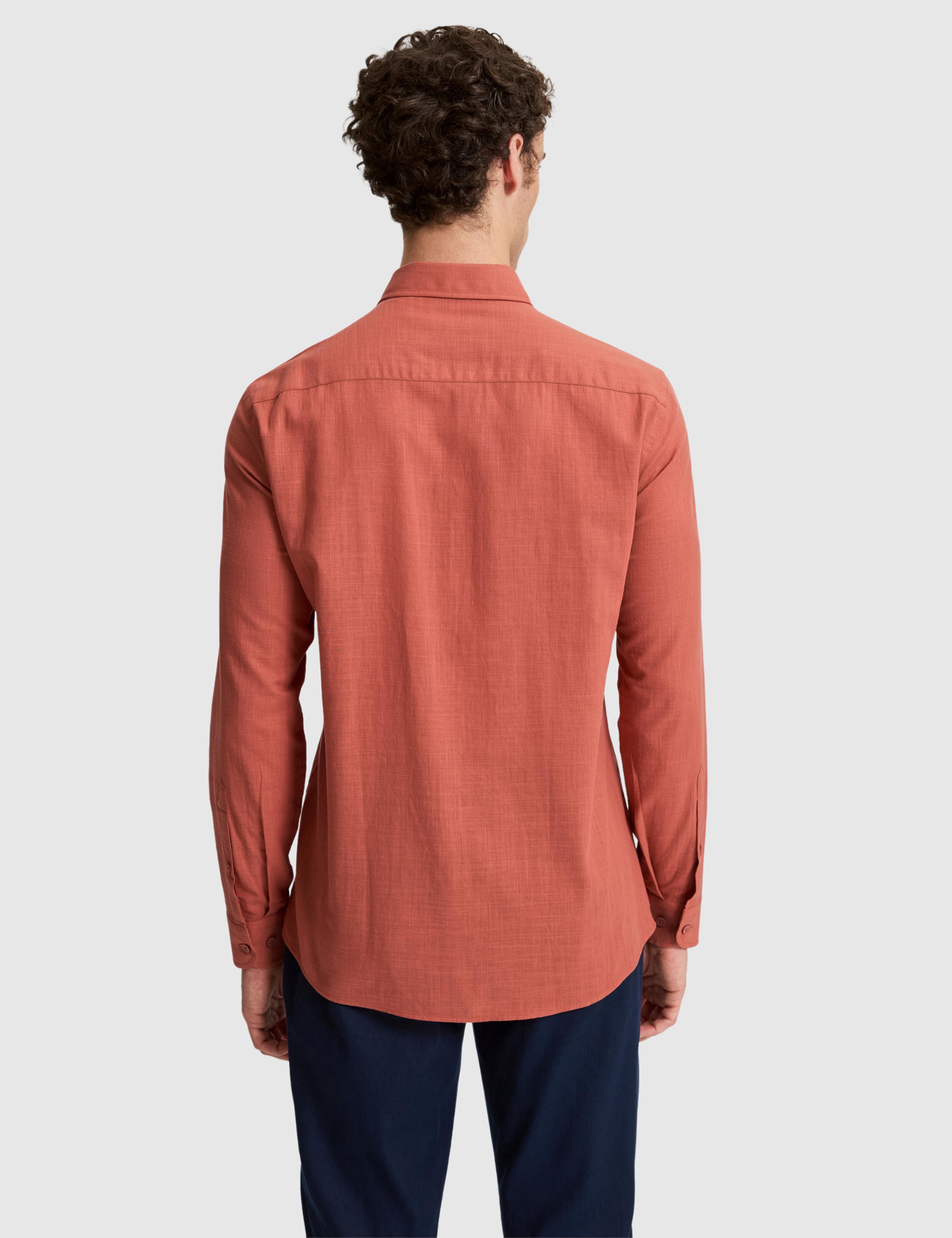 Kiremit %100 Pamuk Keten Görünümlü Slim Fit Uzun Kollu Gömlek