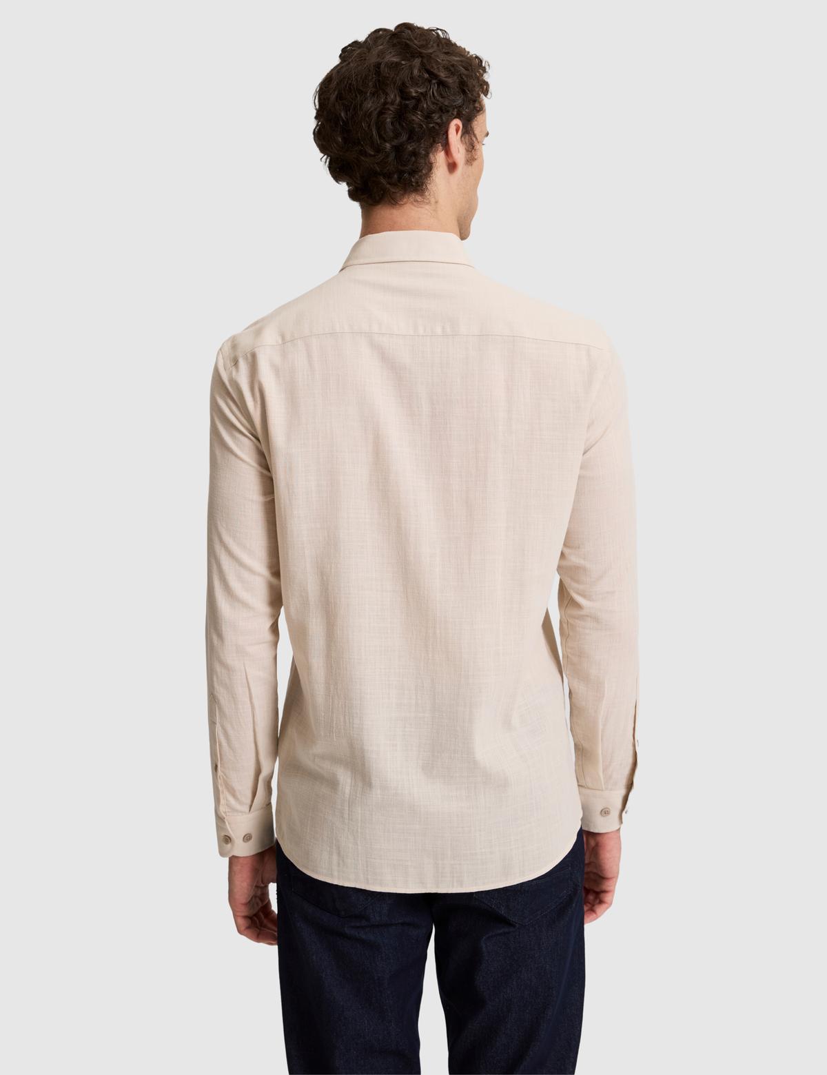 Koyu Bej %100 Pamuk Keten Görünümlü Slim Fit Uzun Kollu Gömlek - 50325355028