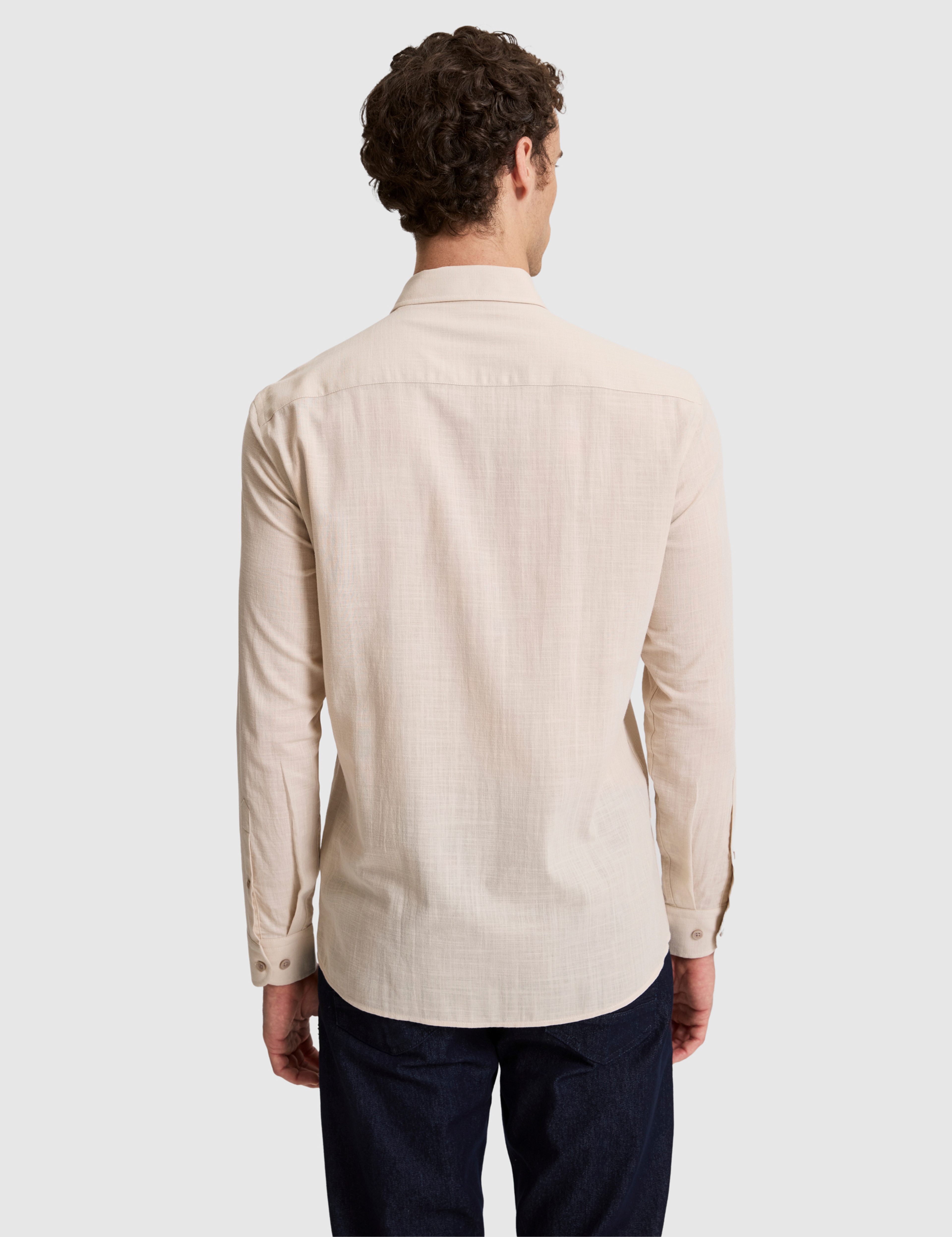 Koyu Bej %100 Pamuk Keten Görünümlü Slim Fit Uzun Kollu Gömlek - Image 5