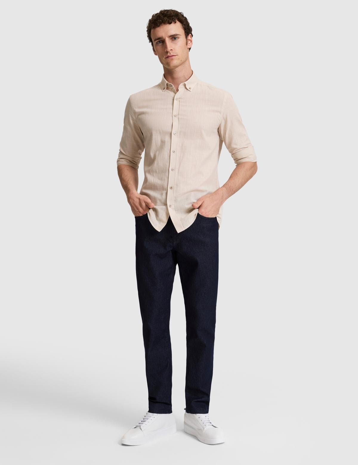 Koyu Bej %100 Pamuk Keten Görünümlü Slim Fit Uzun Kollu Gömlek - 50325355028