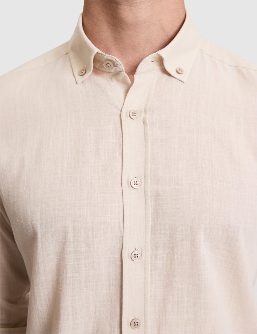 Koyu Bej %100 Pamuk Keten Görünümlü Slim Fit Uzun Kollu Gömlek