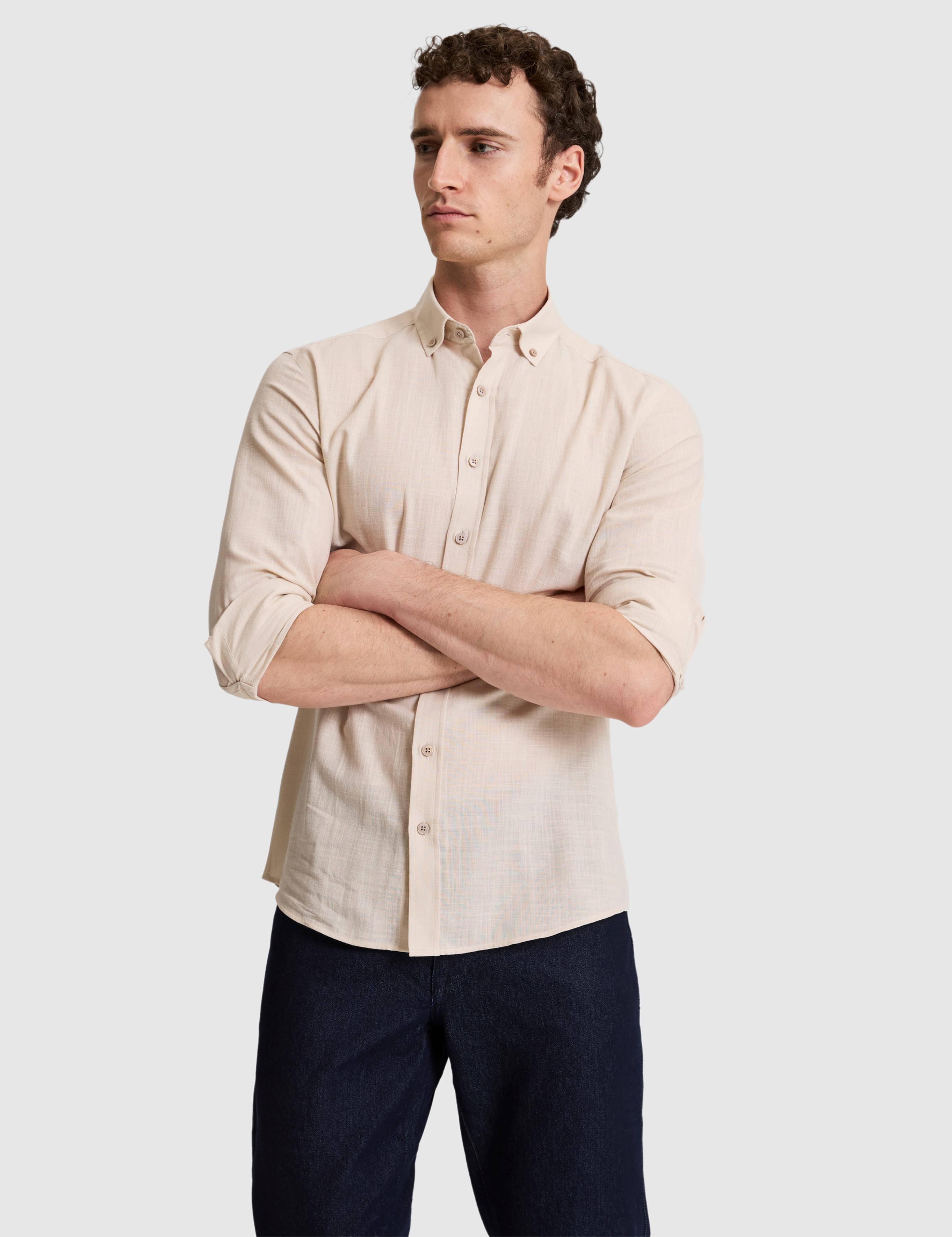 Koyu Bej %100 Pamuk Keten Görünümlü Slim Fit Uzun Kollu Gömlek