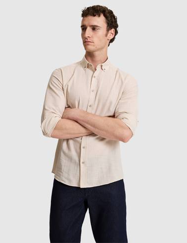 Koyu Bej %100 Pamuk Keten Görünümlü Slim Fit Uzun Kollu Gömlek