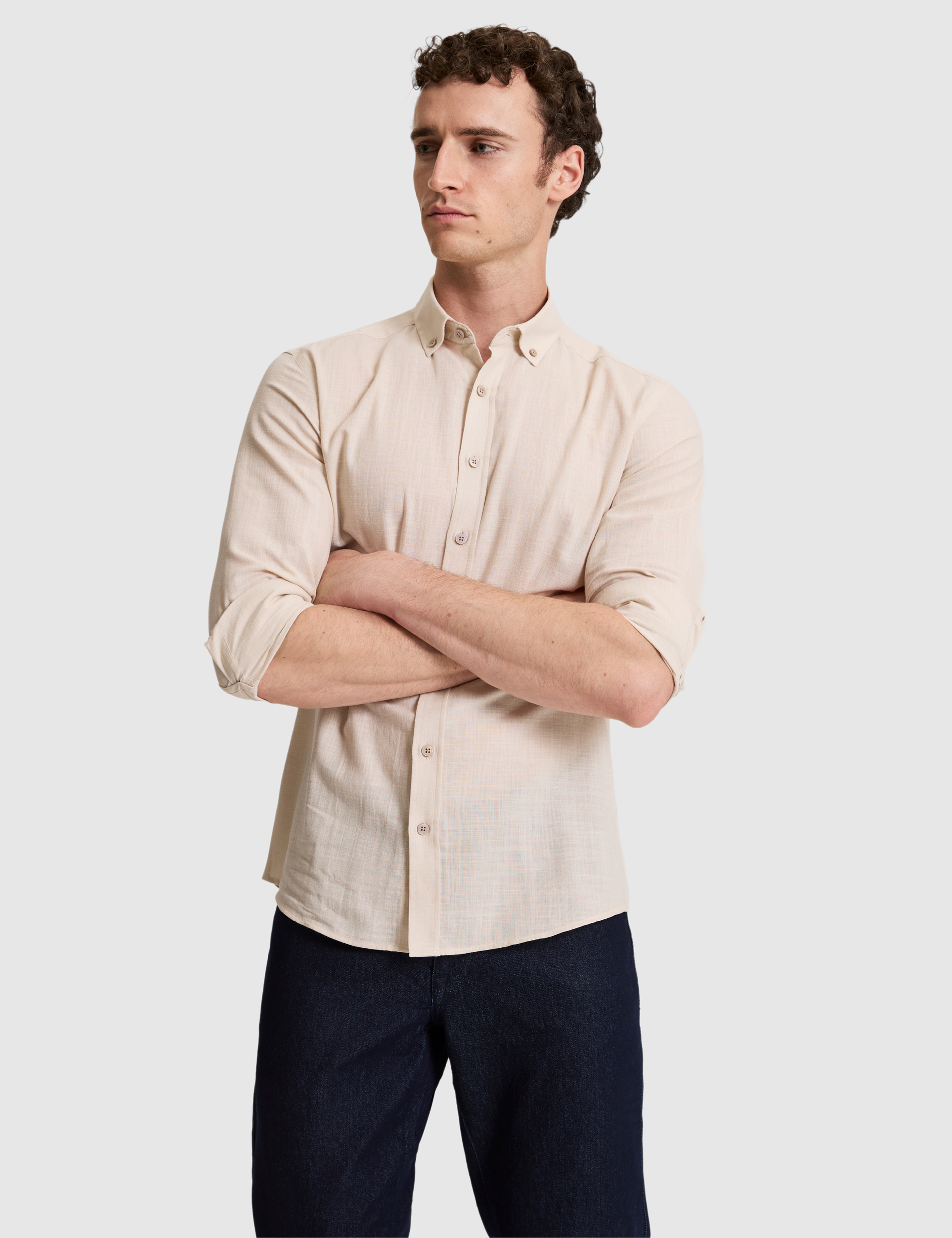 Koyu Bej %100 Pamuk Keten Görünümlü Slim Fit Uzun Kollu Gömlek - Image 3