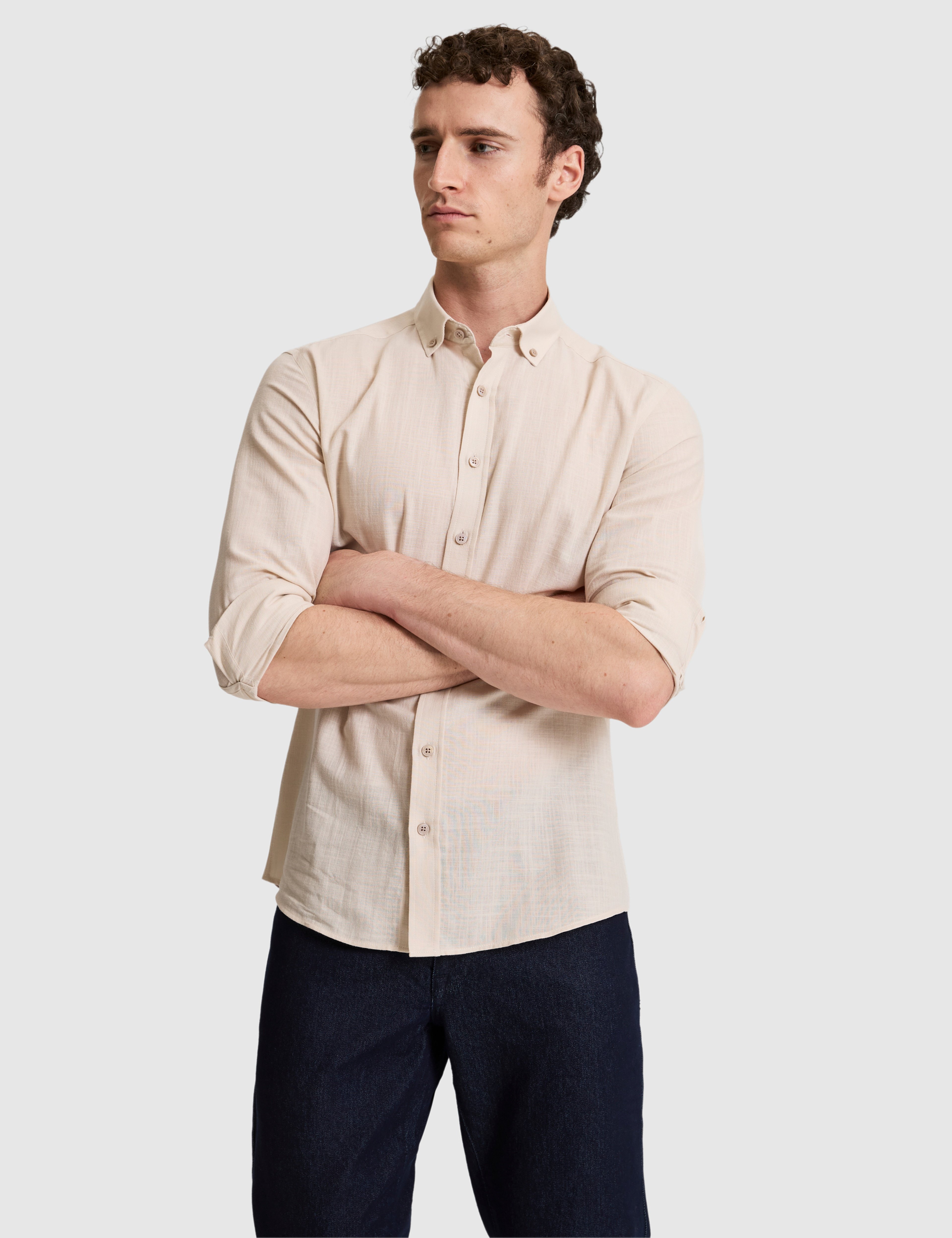 Koyu Bej %100 Pamuk Keten Görünümlü Slim Fit Uzun Kollu Gömlek