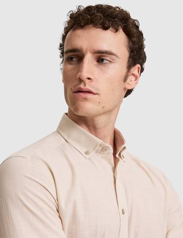 Koyu Bej %100 Pamuk Keten Görünümlü Slim Fit Uzun Kollu Gömlek