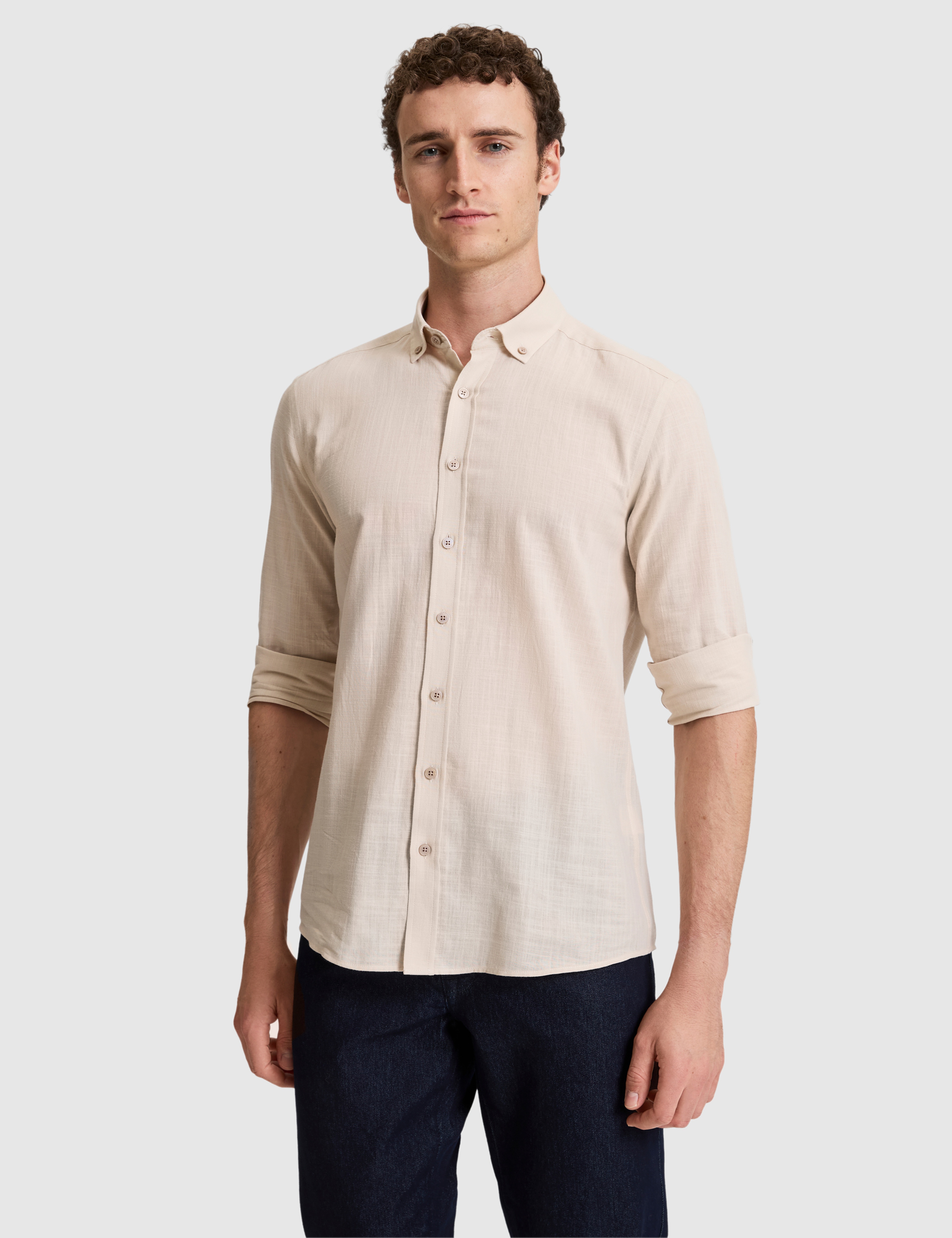 Koyu Bej %100 Pamuk Keten Görünümlü Slim Fit Uzun Kollu Gömlek - Image 1