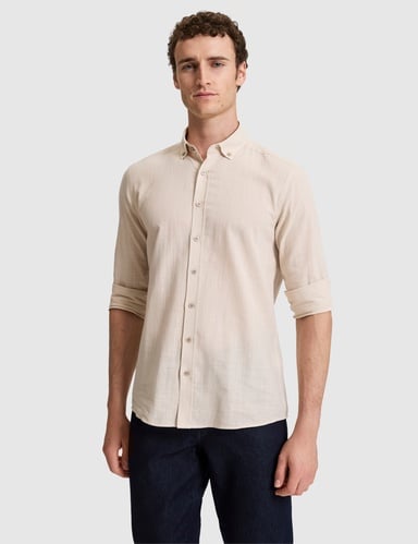 Koyu Bej %100 Pamuk Keten Görünümlü Slim Fit Uzun Kollu Gömlek