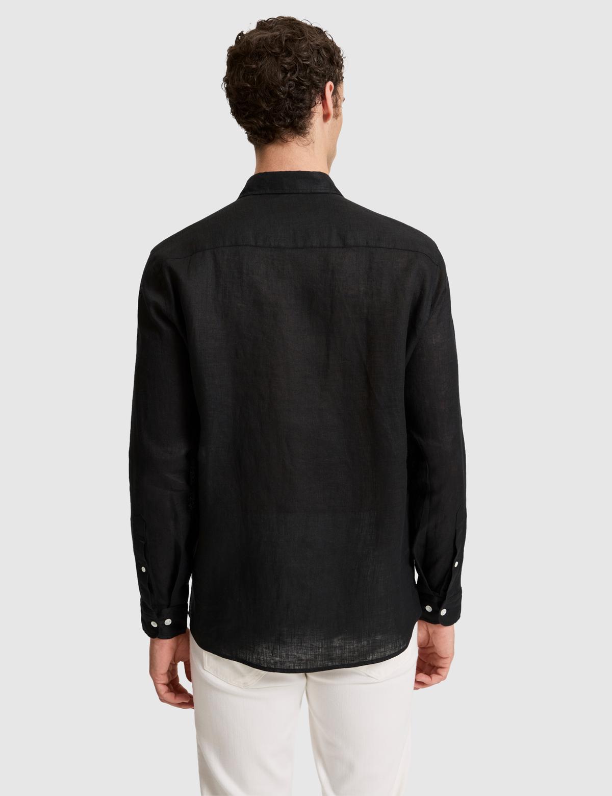 Siyah %100 Keten Regular Fit Uzunkollu Gömlek - 50320945166