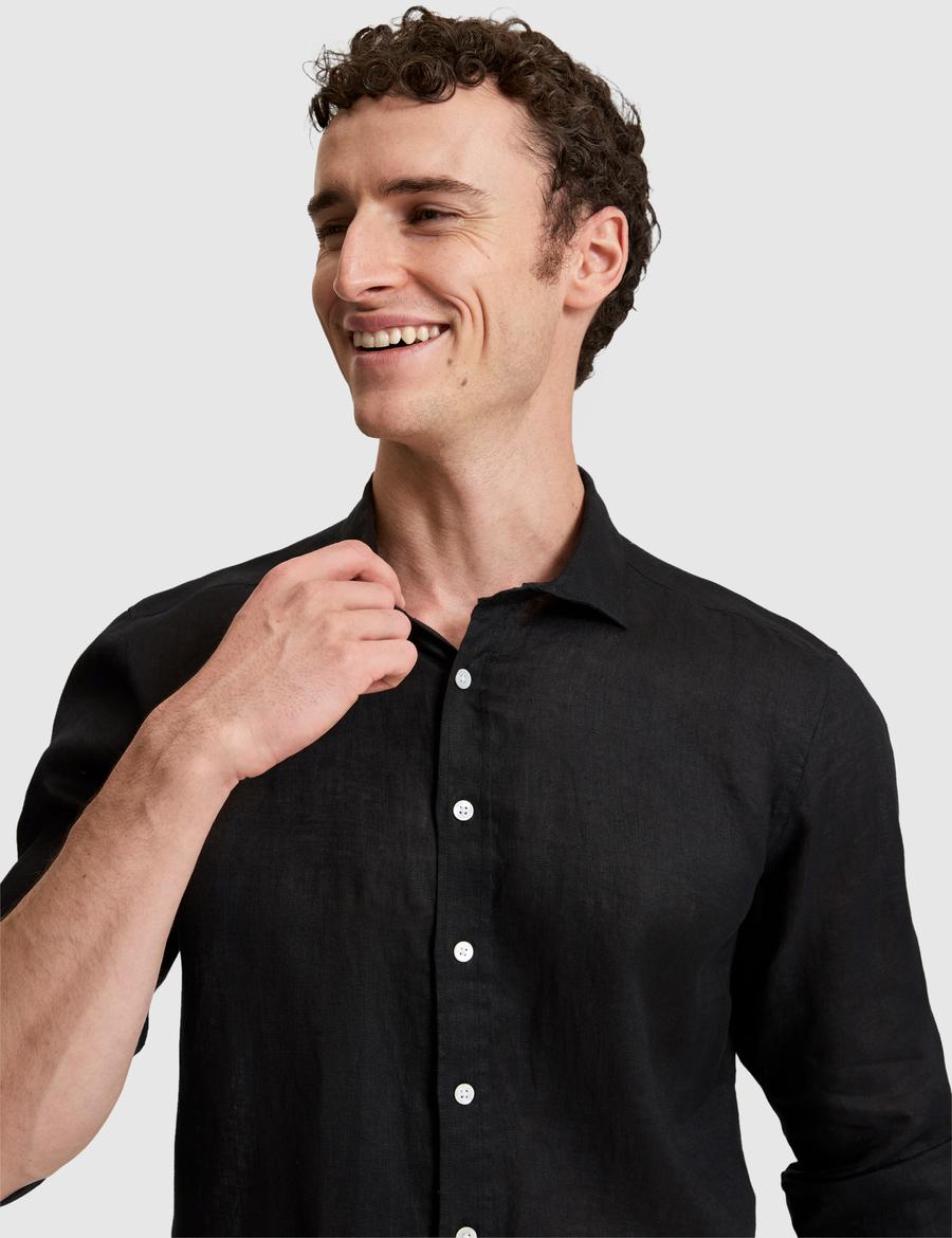 Siyah %100 Keten Regular Fit Uzunkollu Gömlek