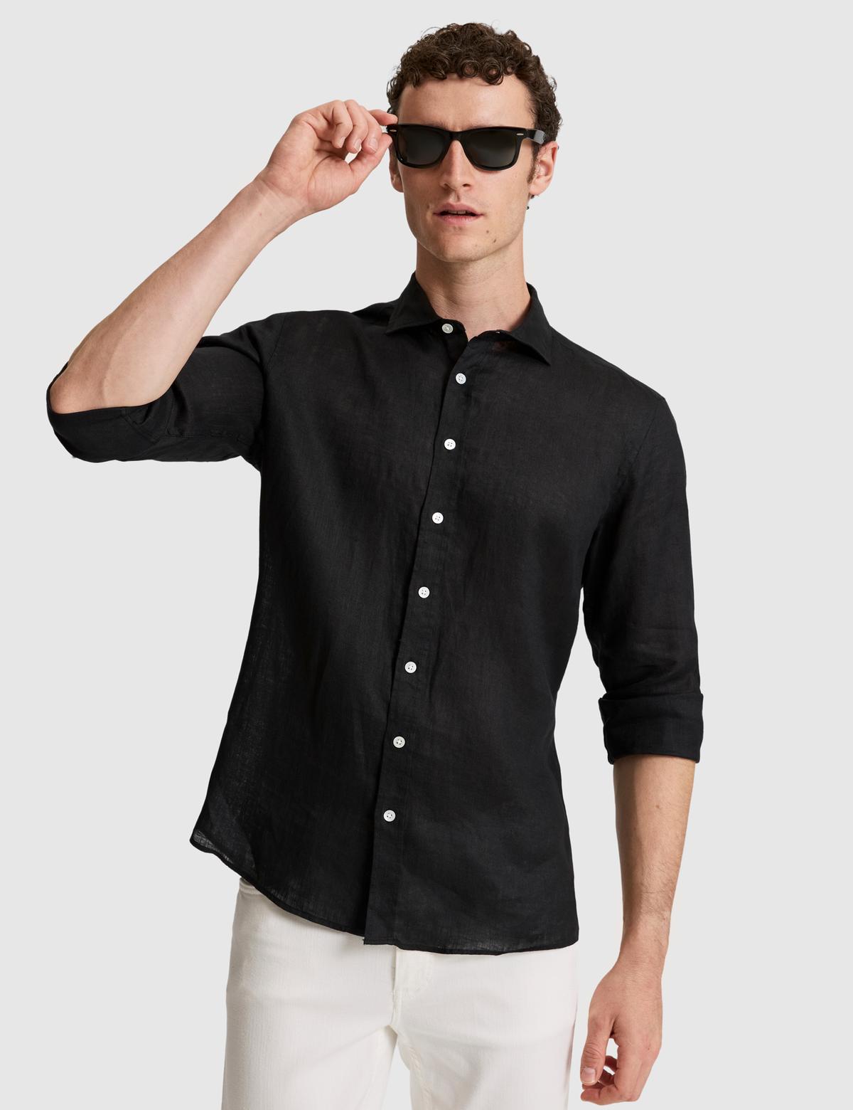 Siyah %100 Keten Regular Fit Uzunkollu Gömlek - 50320945166