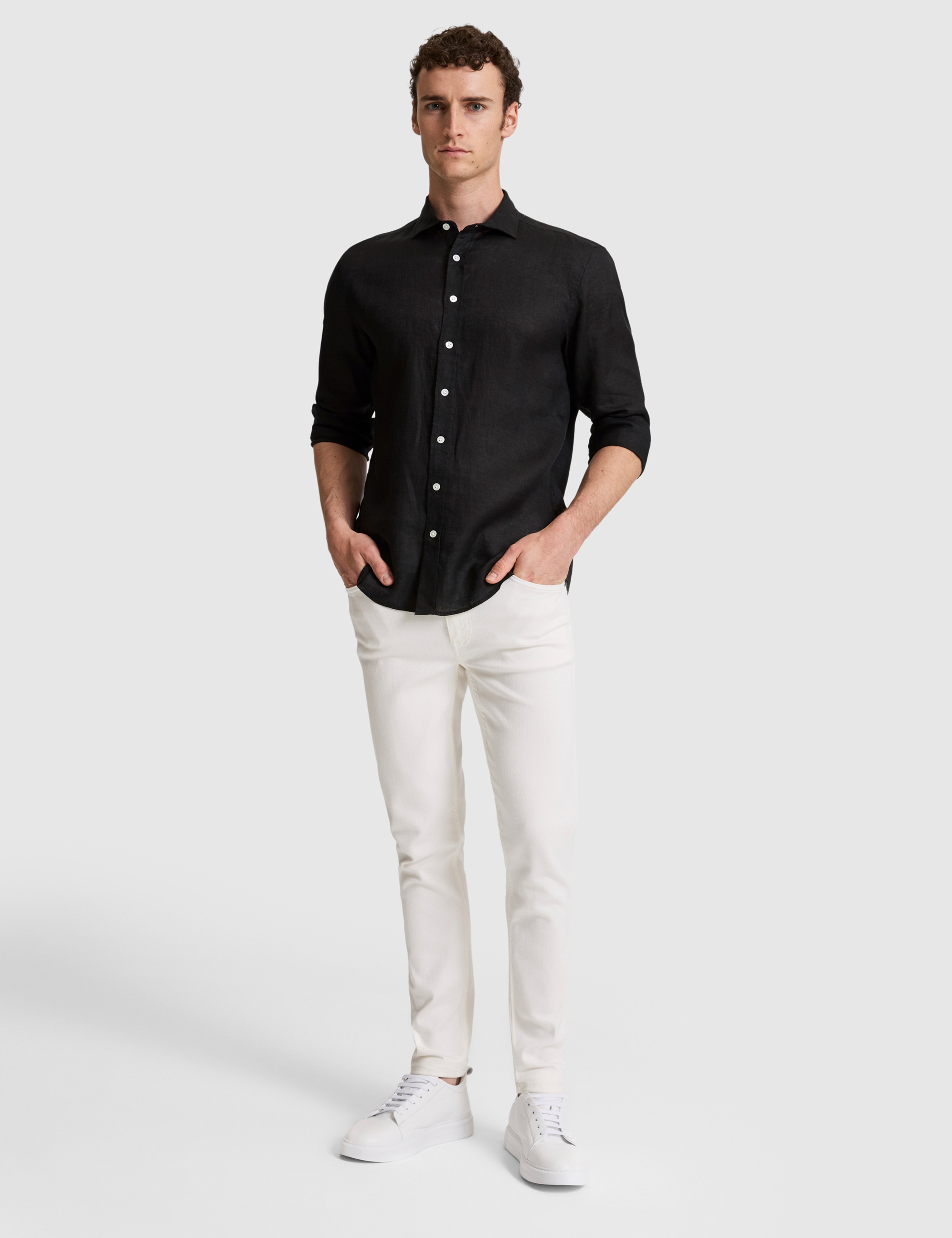 Siyah %100 Keten Regular Fit Uzunkollu Gömlek