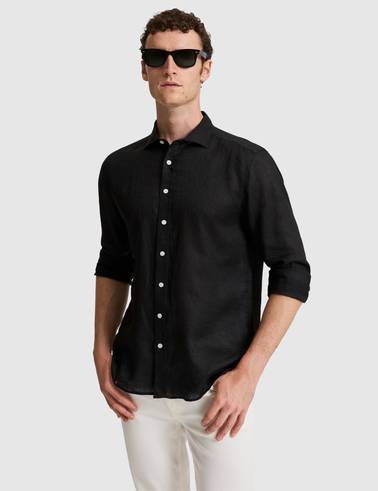 Siyah %100 Keten Regular Fit Uzunkollu Gömlek