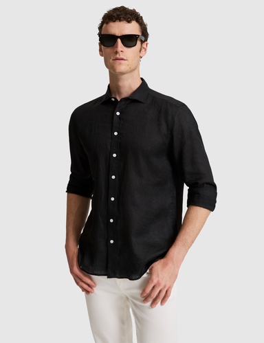 Siyah %100 Keten Regular Fit Uzunkollu Gömlek