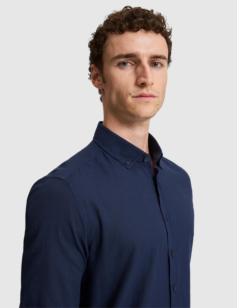 Koyu Lacivert %100 Pamuk Keten Görünümlü Slim Fit Uzun Kollu Gömlek