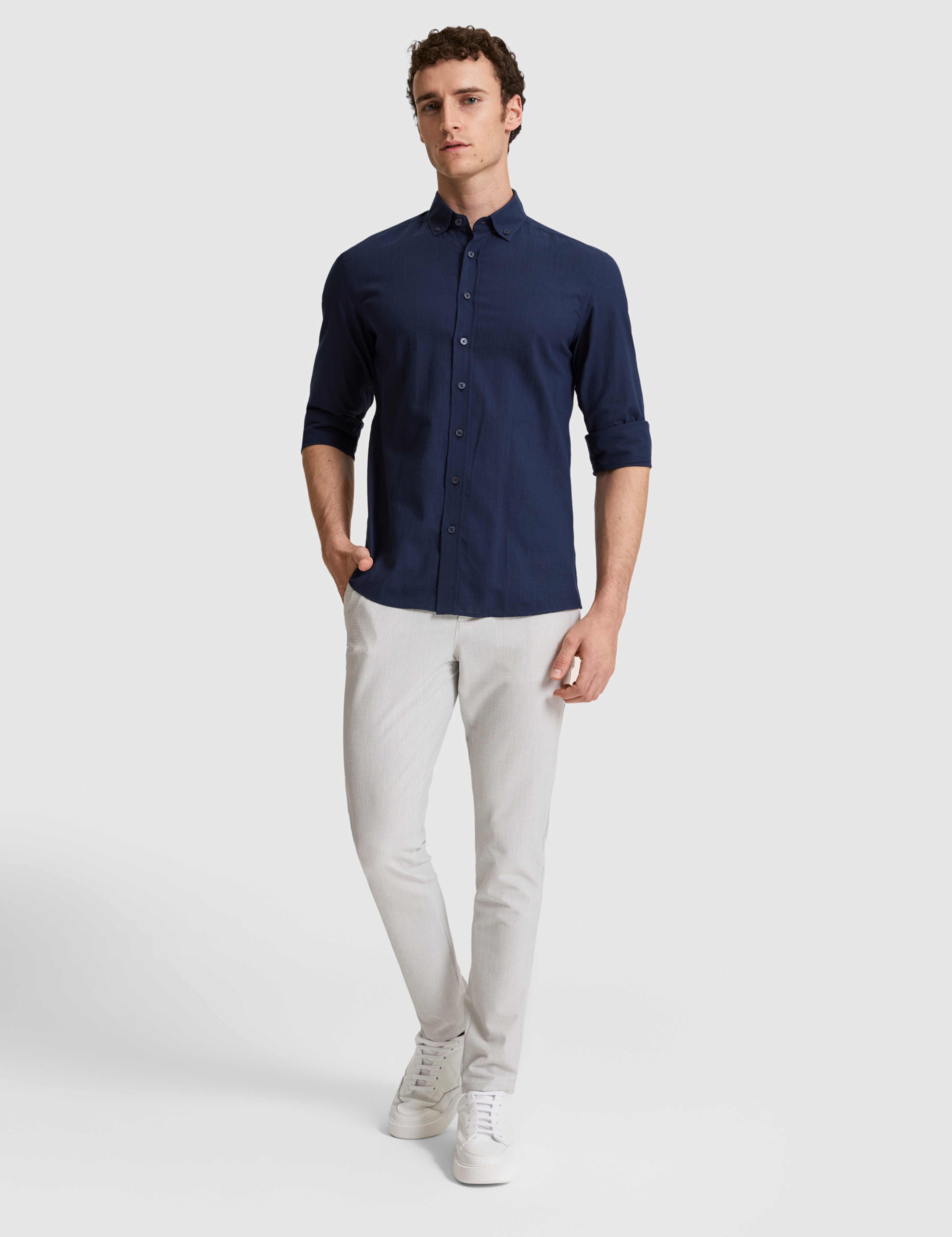 Koyu Lacivert %100 Pamuk Keten Görünümlü Slim Fit Uzun Kollu Gömlek - Image 4