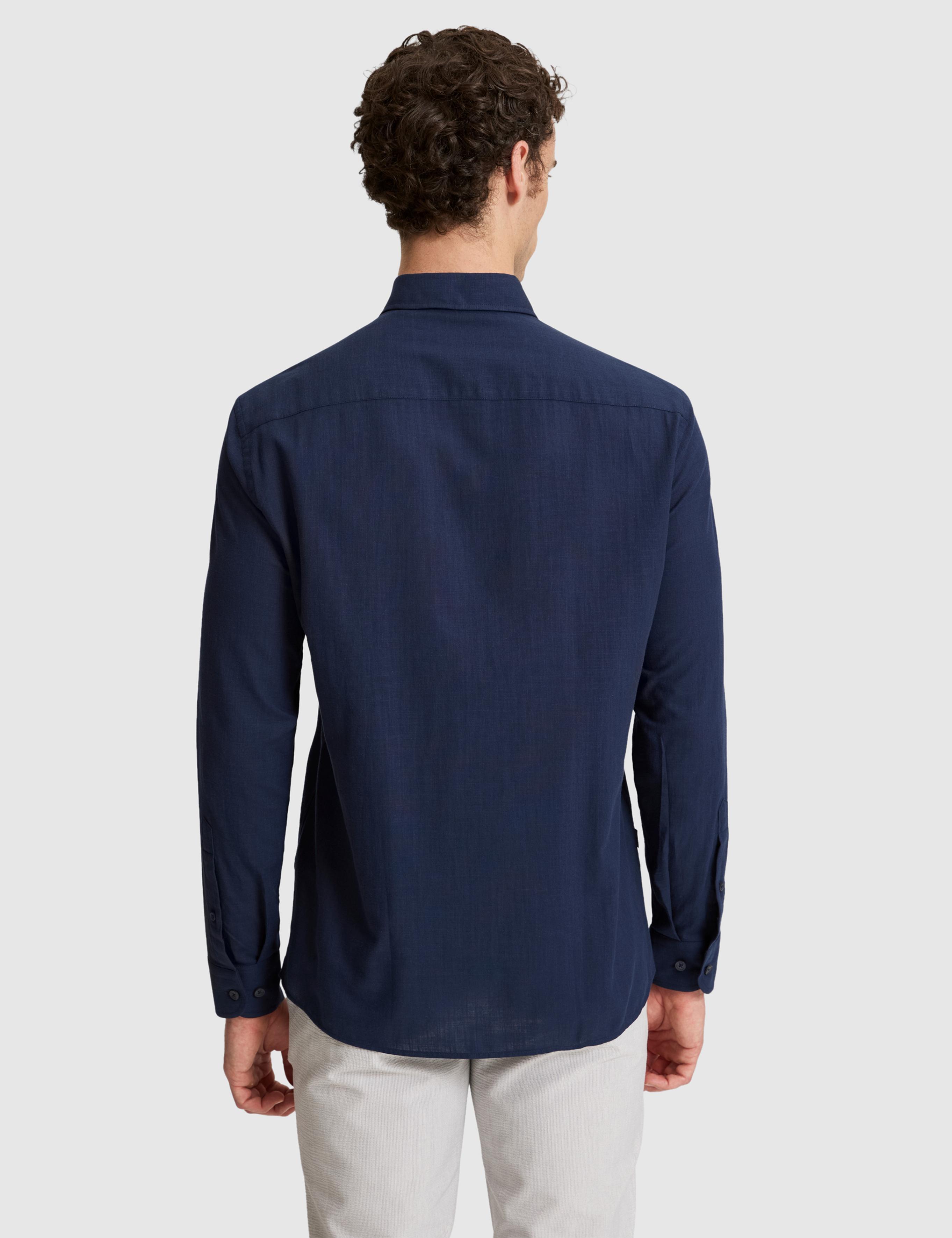 Koyu Lacivert %100 Pamuk Keten Görünümlü Slim Fit Uzun Kollu Gömlek