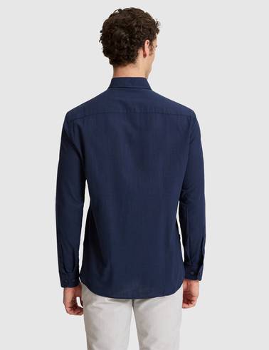 Koyu Lacivert %100 Pamuk Keten Görünümlü Slim Fit Uzun Kollu Gömlek