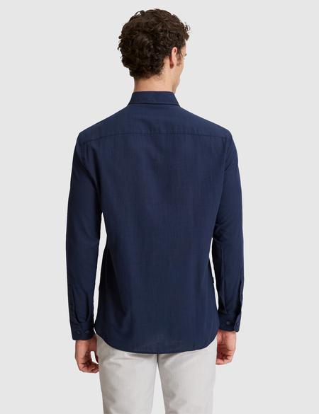 Koyu Lacivert %100 Pamuk Keten Görünümlü Slim Fit Uzun Kollu Gömlek - 50325355071