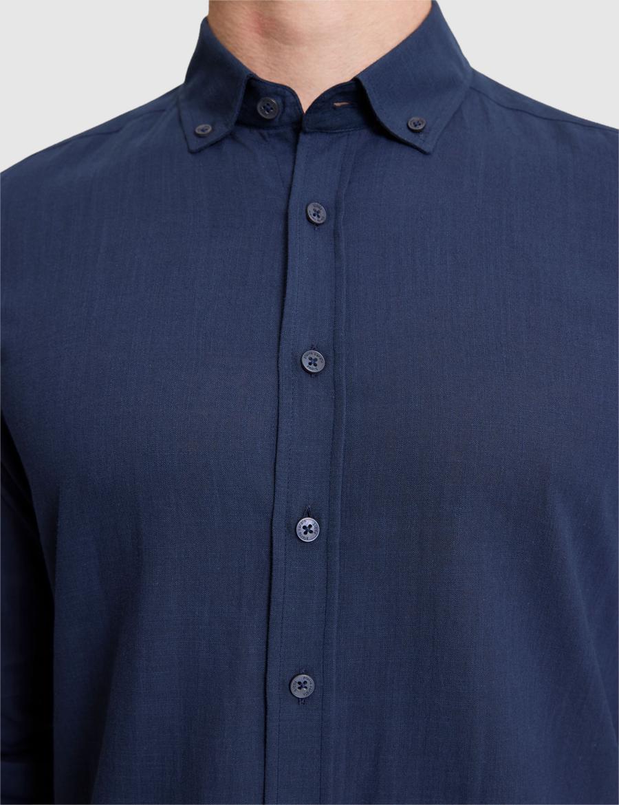 Koyu Lacivert %100 Pamuk Keten Görünümlü Slim Fit Uzun Kollu Gömlek