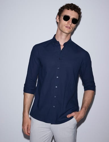 Koyu Lacivert %100 Pamuk Keten Görünümlü Slim Fit Uzun Kollu Gömlek