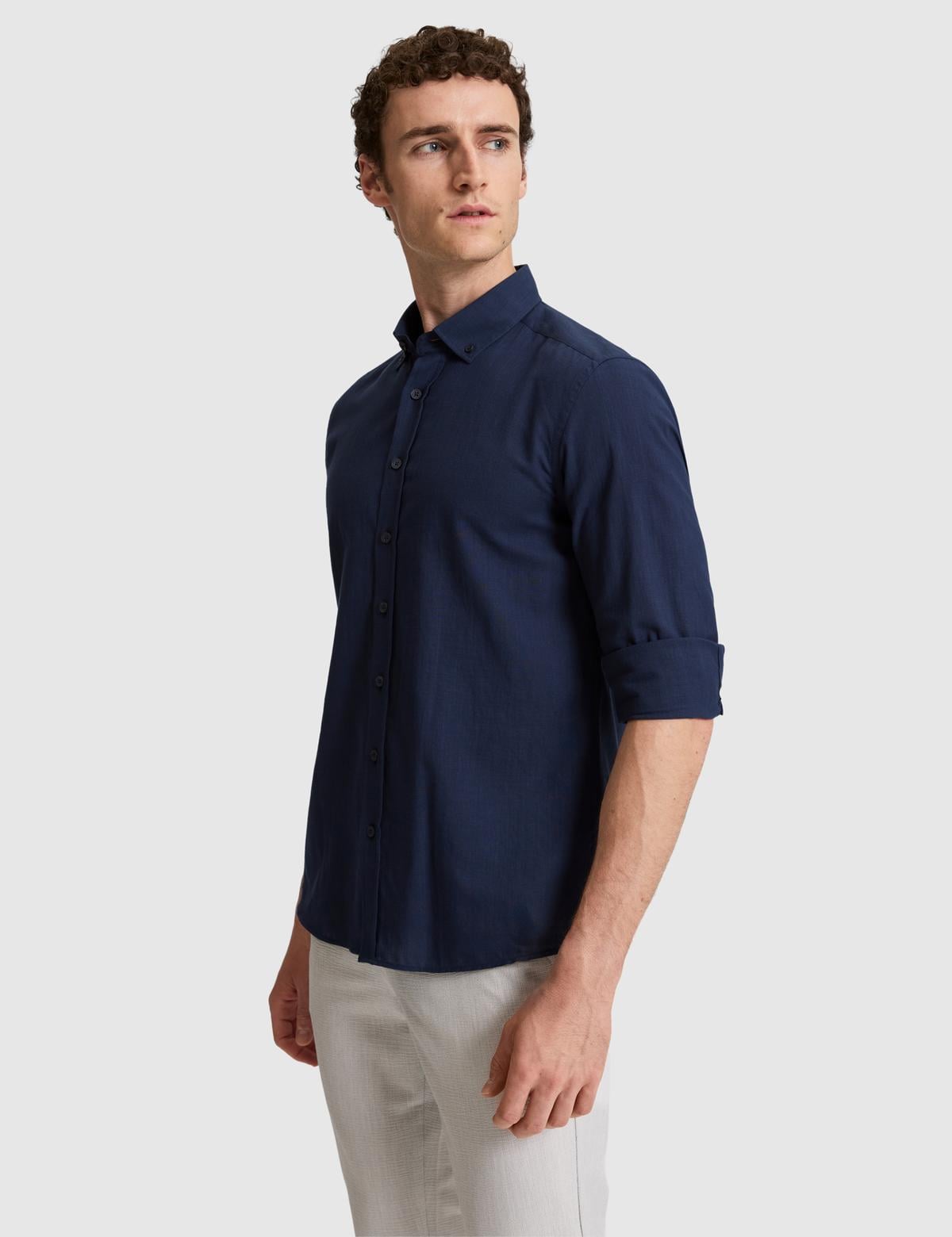 Koyu Lacivert %100 Pamuk Keten Görünümlü Slim Fit Uzun Kollu Gömlek - 50325355071