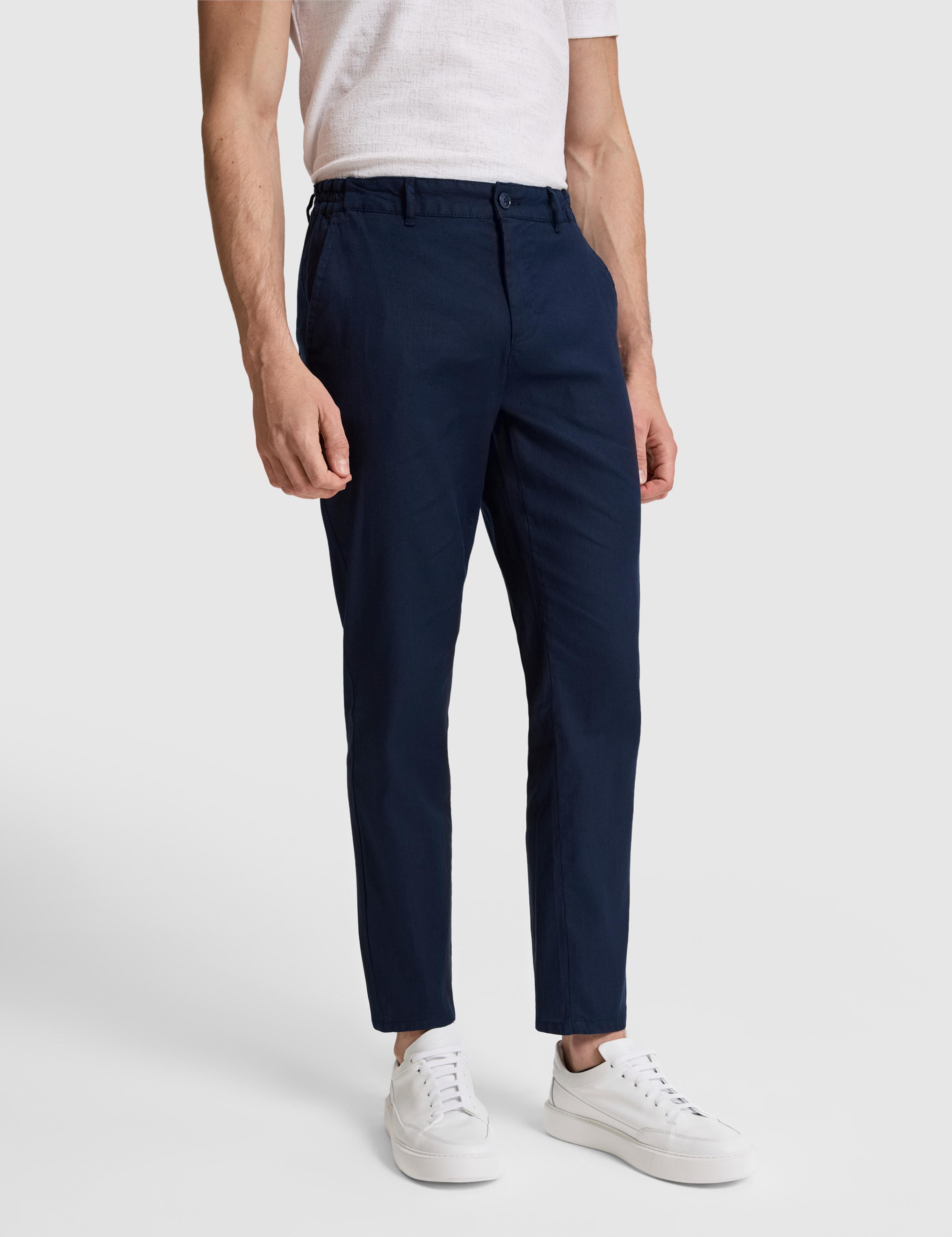 Lacivert Straight Fit Keten Karışımlı Beli Lastikli Kanvas Pantolon