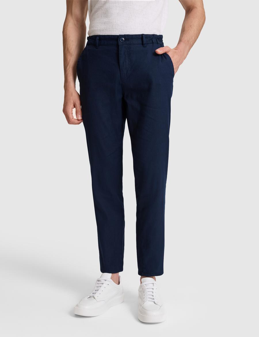 Lacivert Straight Fit Keten Karışımlı Beli Lastikli Kanvas Pantolon