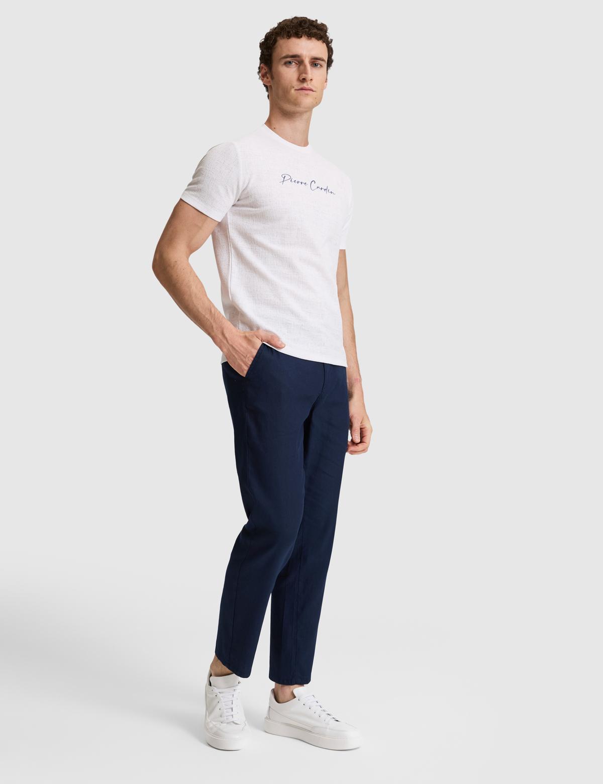 Lacivert Straight Fit Keten Karışımlı Beli Lastikli Kanvas Pantolon - 50320840124
