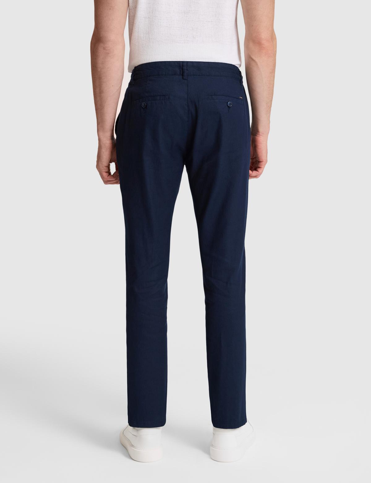 Lacivert Straight Fit Keten Karışımlı Beli Lastikli Kanvas Pantolon - 50320840124