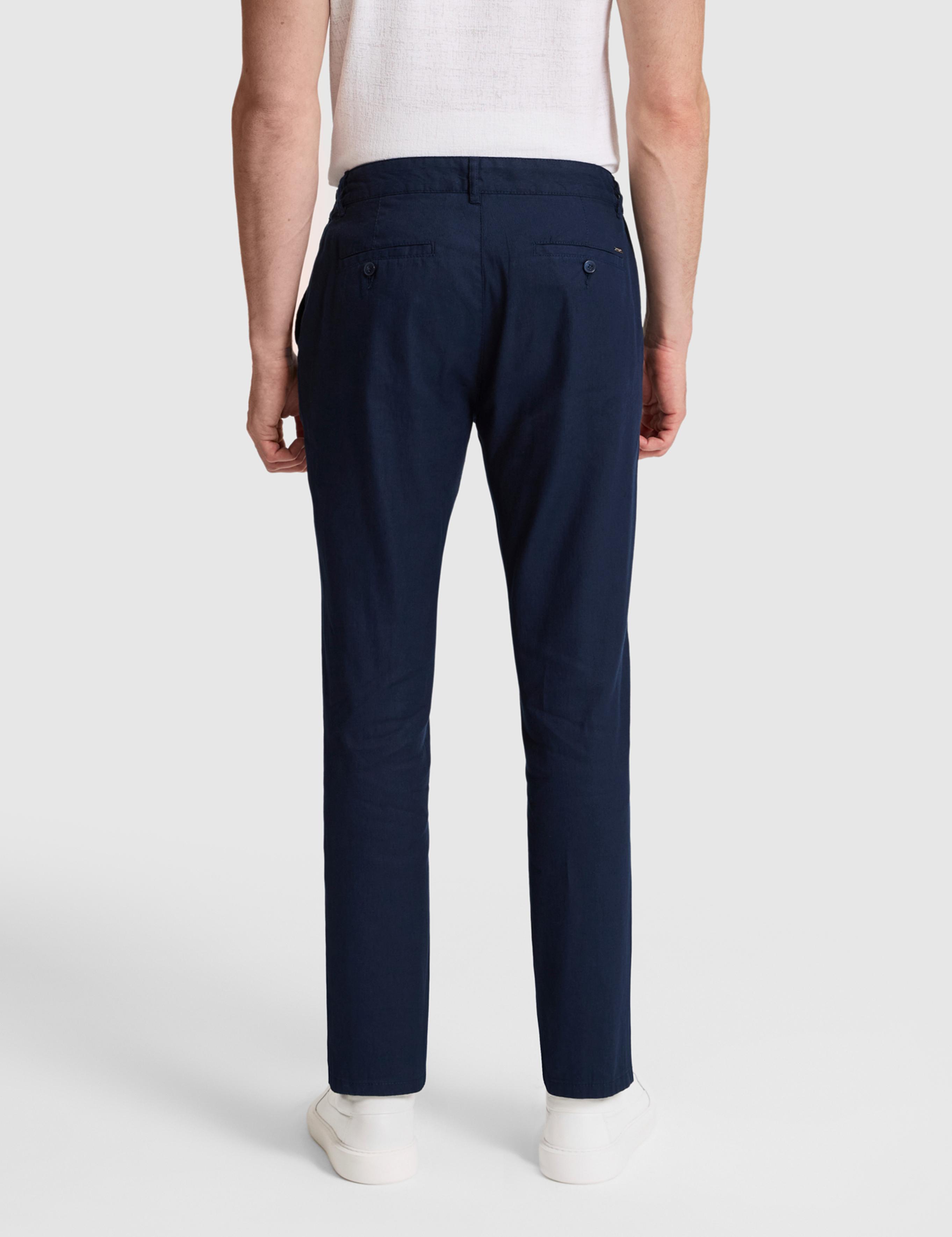 Lacivert Straight Fit Keten Karışımlı Beli Lastikli Kanvas Pantolon