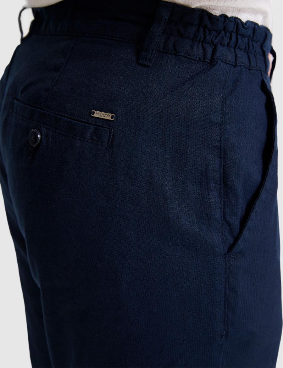 Lacivert Straight Fit Keten Karışımlı Beli Lastikli Kanvas Pantolon
