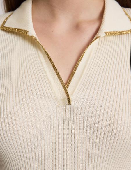 Ekru Comfort Fit Polo Yaka Triko Tişört - 50326899007