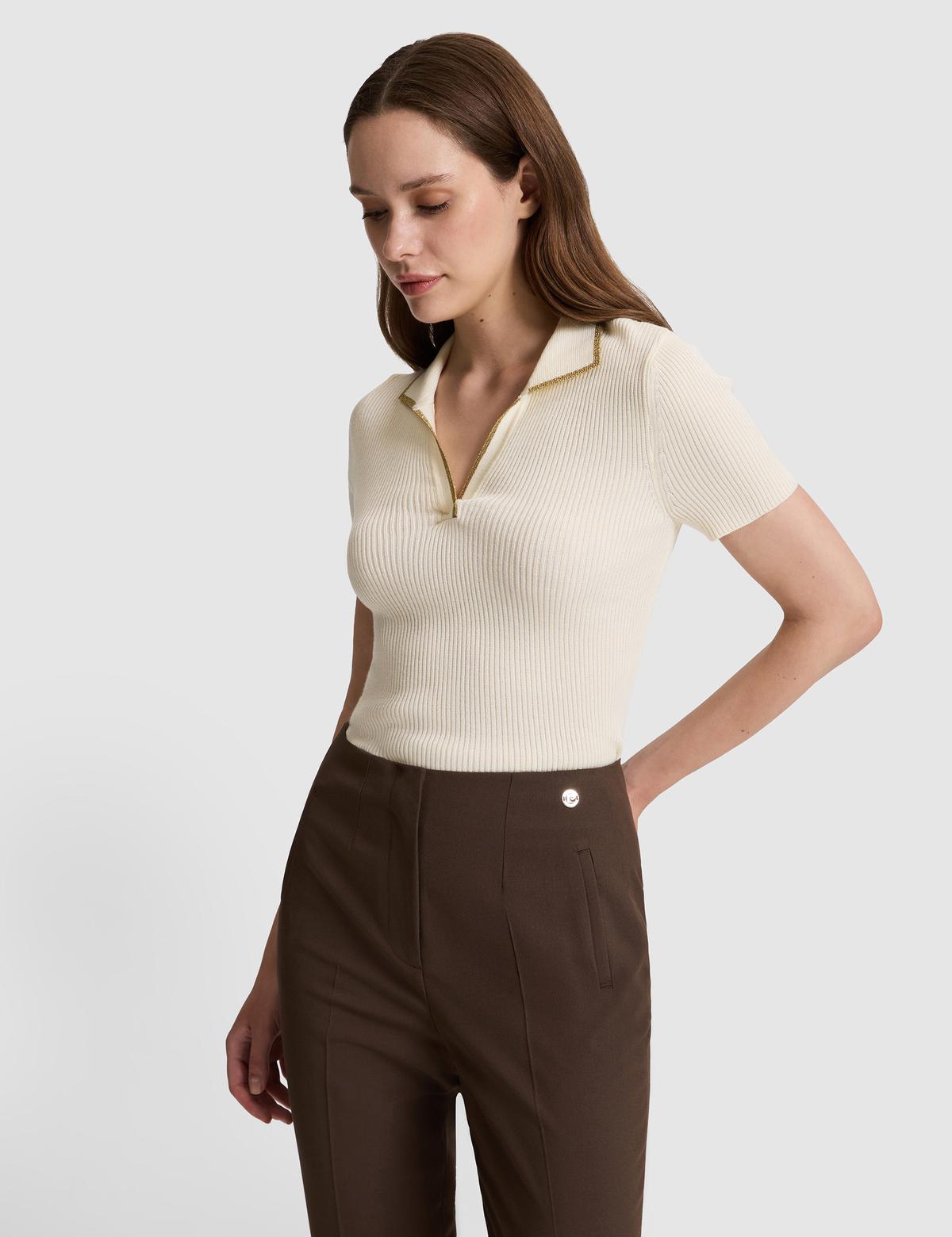 Ekru Comfort Fit Polo Yaka Triko Tişört - 50326899007