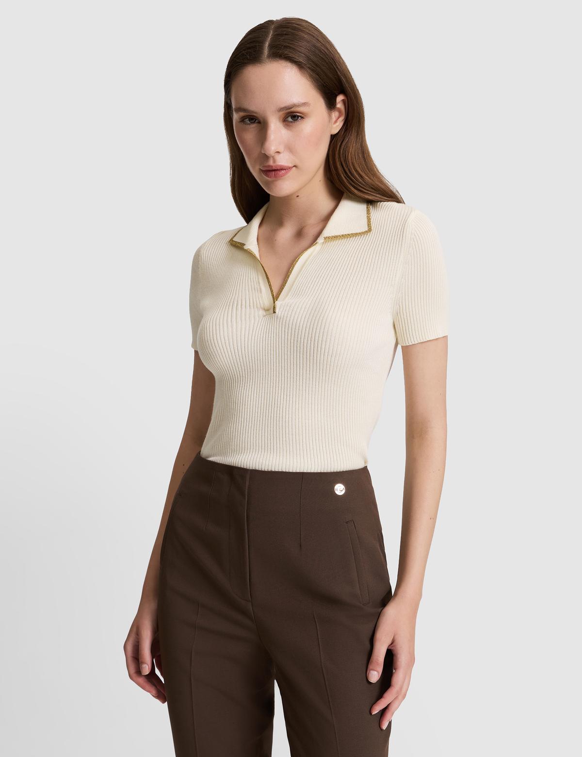 Ekru Comfort Fit Polo Yaka Triko Tişört - 50326899007