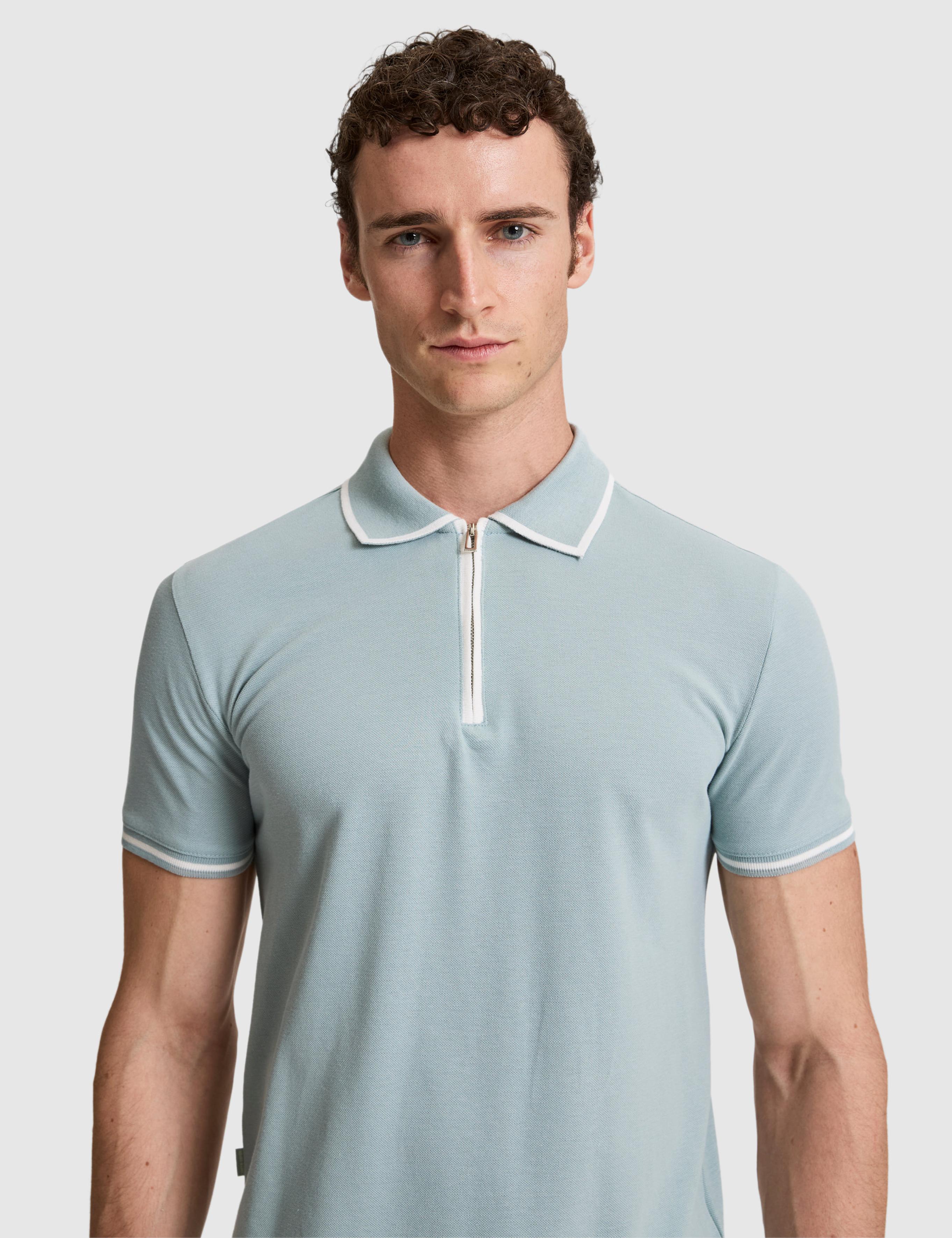 Koyu Mint Slim Fit %100 Pamuk Fermuarlı Polo Yaka Tişört