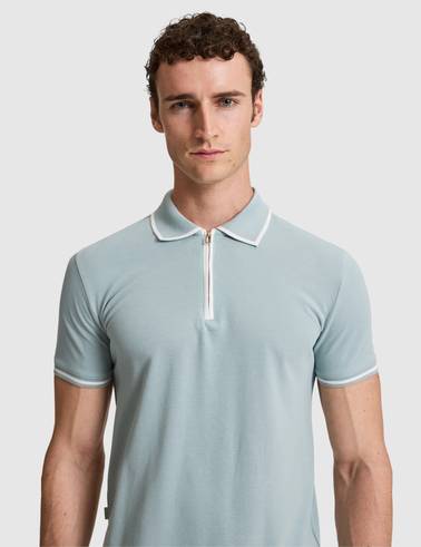 Koyu Mint Slim Fit %100 Pamuk Fermuarlı Polo Yaka Tişört