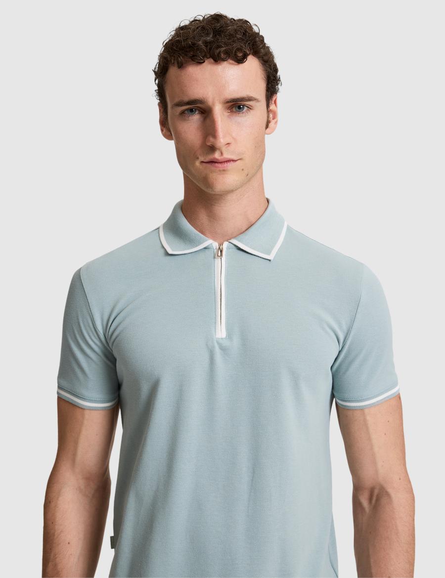 Koyu Mint Slim Fit %100 Pamuk Fermuarlı Polo Yaka Tişört