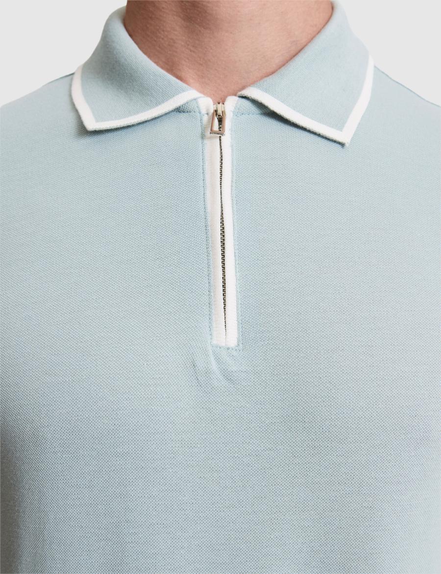 Koyu Mint Slim Fit %100 Pamuk Fermuarlı Polo Yaka Tişört