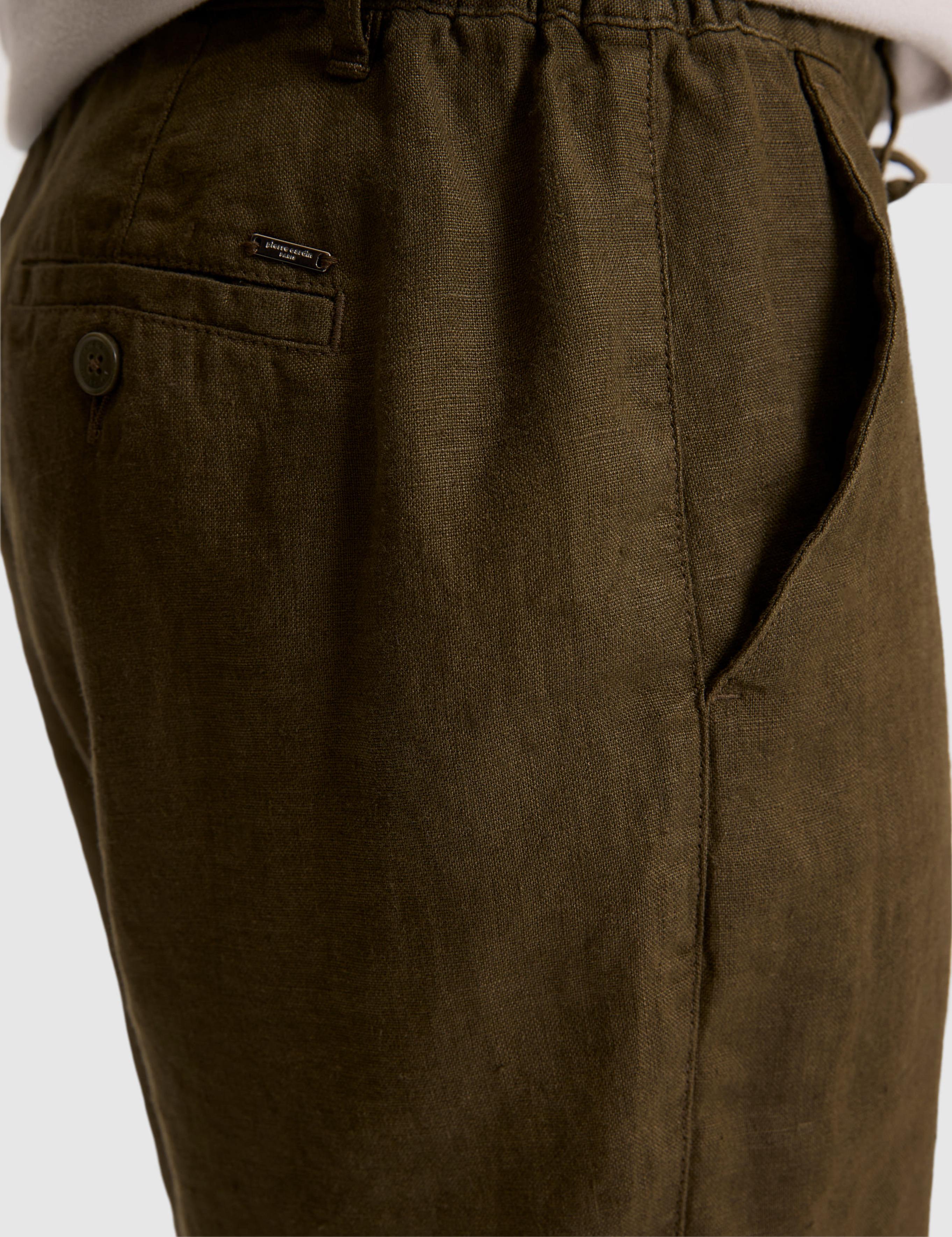 Haki Slim Fit %100 Keten Beli Lastikli Kordonlu Dokuma Şort