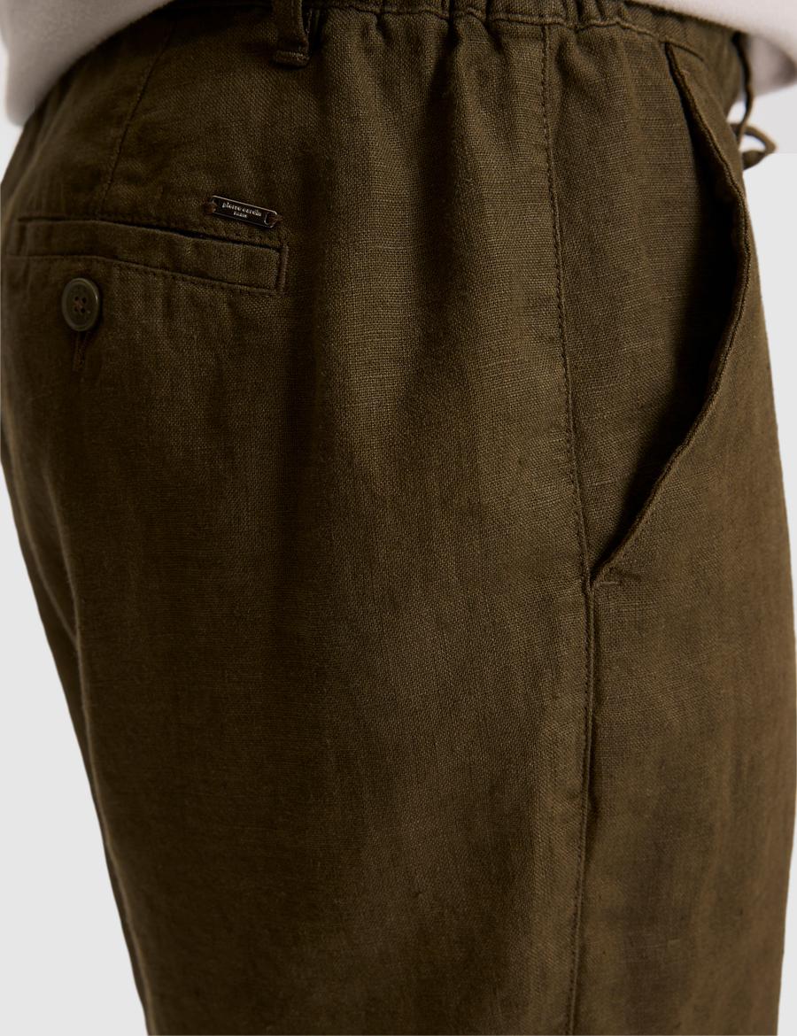 Haki Slim Fit %100 Keten Beli Lastikli Kordonlu Dokuma Şort
