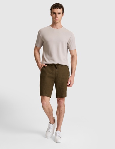 Haki Slim Fit %100 Keten Beli Lastikli Kordonlu Dokuma Şort