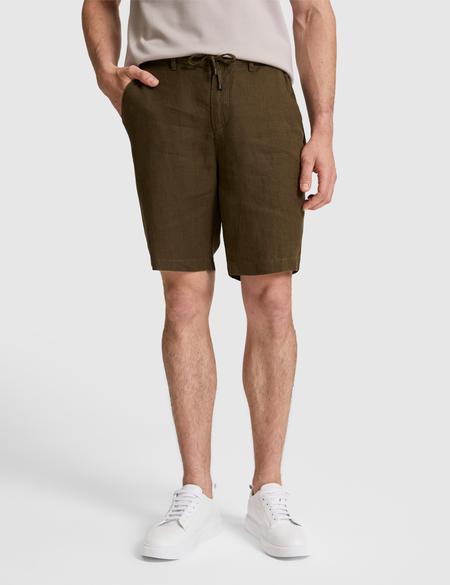 Haki Slim Fit %100 Keten Beli Lastikli Kordonlu Dokuma Şort - 50321827043