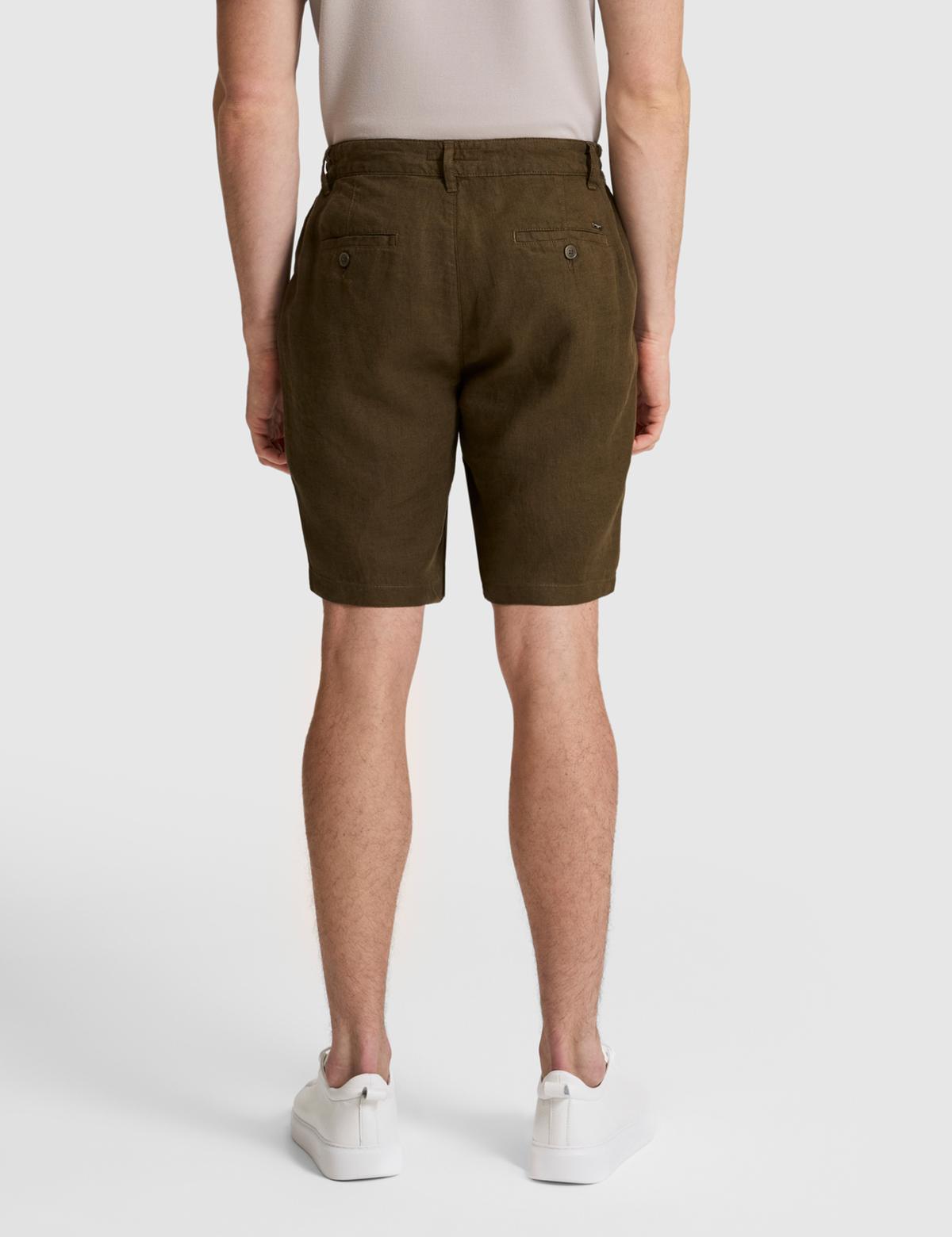 Haki Slim Fit %100 Keten Beli Lastikli Kordonlu Dokuma Şort - 50321827043