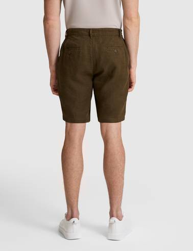 Haki Slim Fit %100 Keten Beli Lastikli Kordonlu Dokuma Şort