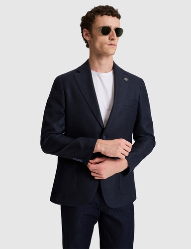 Lacivert Slim Fit Yün Keten Karışımlı Ceket