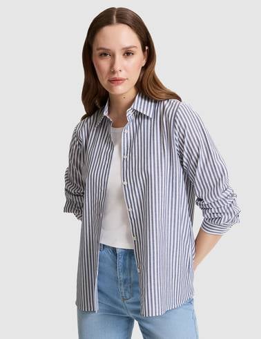 Lacivert Çizgili Comfort Fit Uzun Kollu Gömlek
