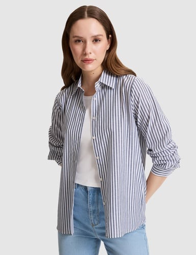 Lacivert Çizgili Comfort Fit Uzun Kollu Gömlek